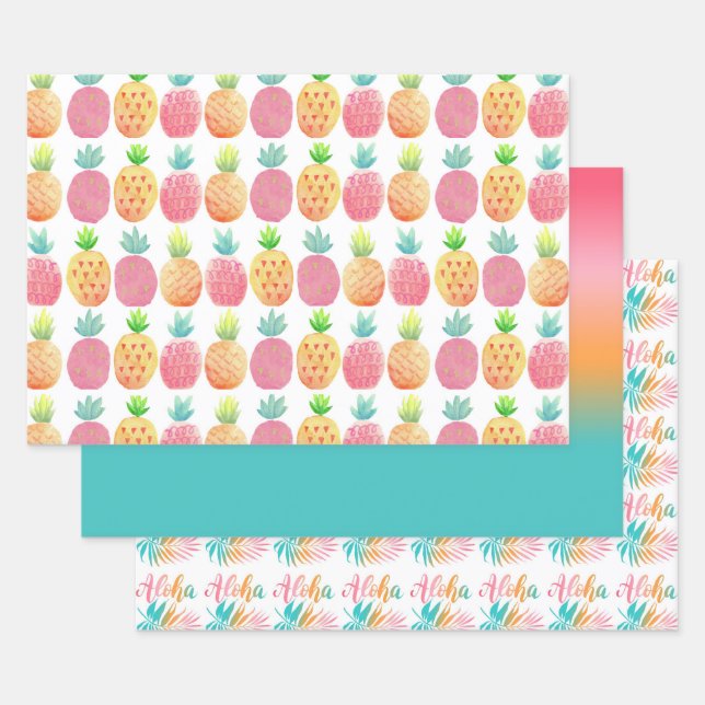 Tropical Hawaiian Pineapple Palm Aloha Wrapping Paper Sheets (Set)