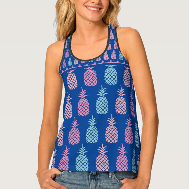 Tropical Hawaiian Pink Blue Pineapple Pattern Tank Top (Front)