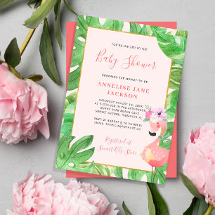 Tropical Hawaiian pink flamingo girl baby shower Invitation