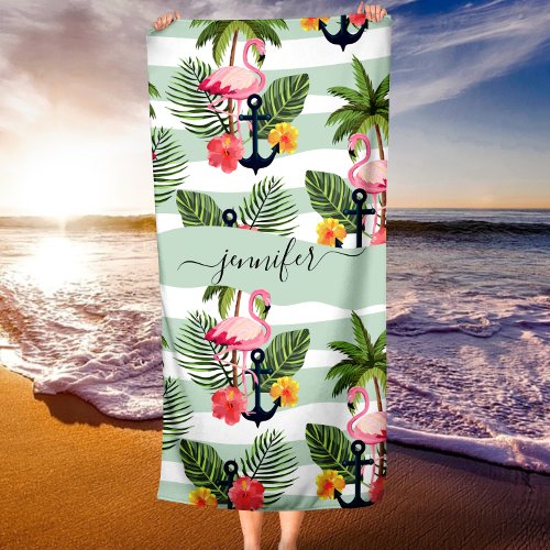 Tropical Hawaiian Pink Flamingoes Palm Tree Leaves Beach Towel