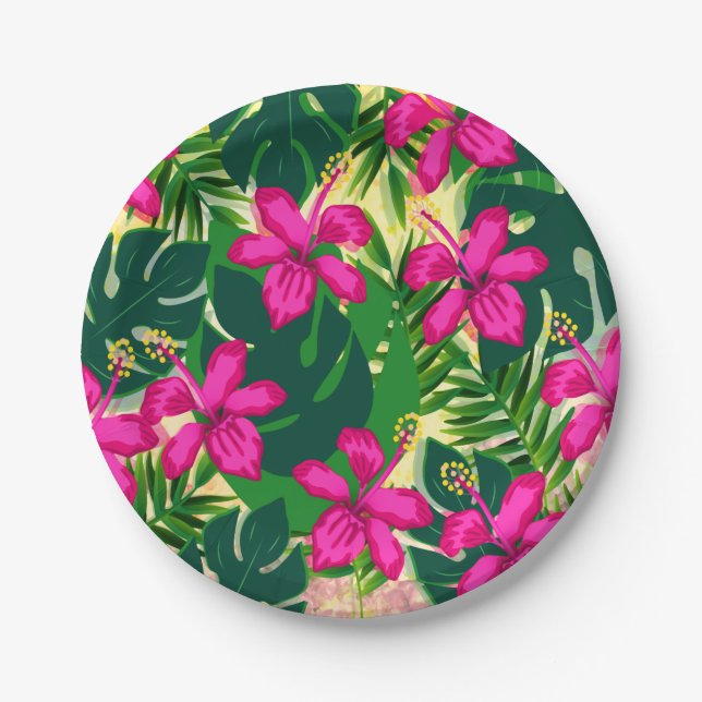 Tropical Hawaiian Style Floral Pattern Paper Plates (Front)