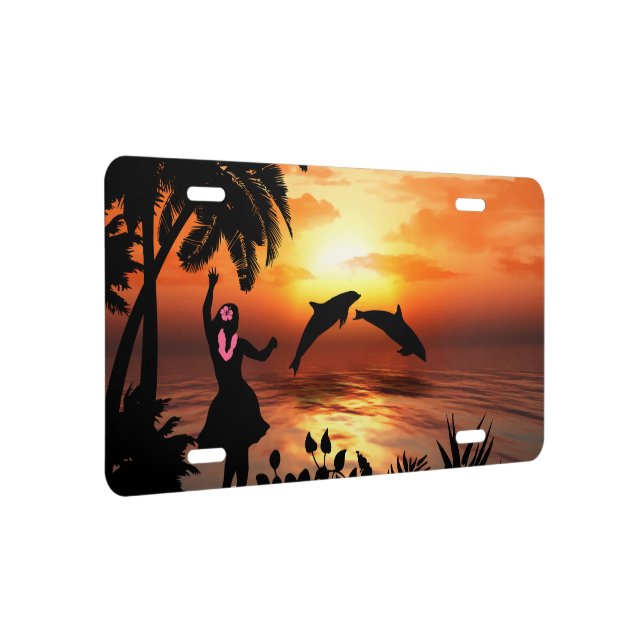 Tropical Hawaiian Sunset Dolphins Scenic License Plate (Right)