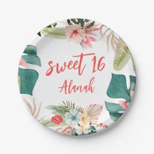 Tropical Hawaiian Sweet 16 Birthday Paper Plate