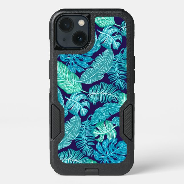 Tropical hawaiian teal navy palm tree leaves otterbox iPhone case (Back)