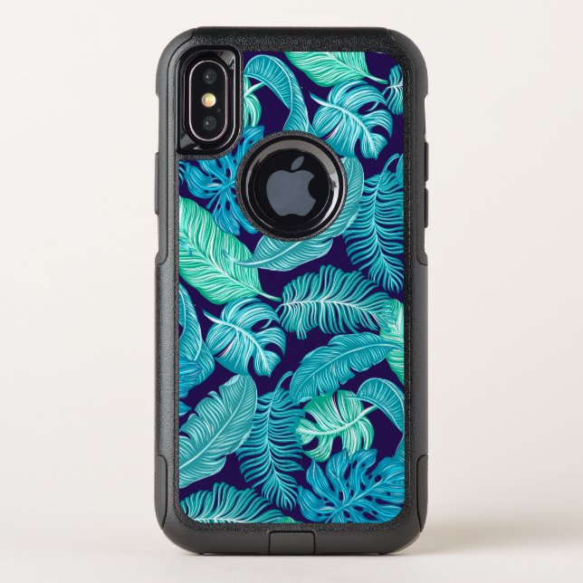 Tropical hawaiian teal navy palm tree leaves otterbox iPhone case (Back)