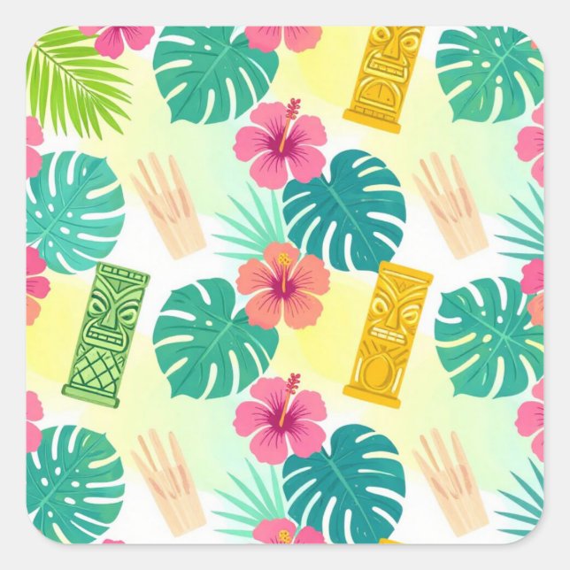Tropical Hawaiian Tiki Pattern for Parties Wedding Square Sticker (Front)