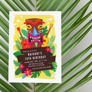 Tropical Hawaiian Ukulele & Tiki Luau Birthday Invitation Postcard