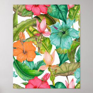 Tropical Hawaiian Watercolor Hibiscus Floral Poster