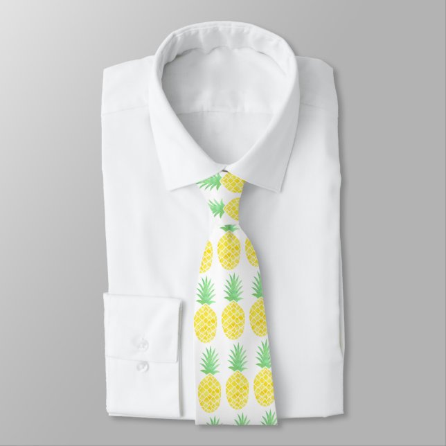 Tropical Hawaiian Watercolor Pineapple Pattern Neck Tie (Tied)