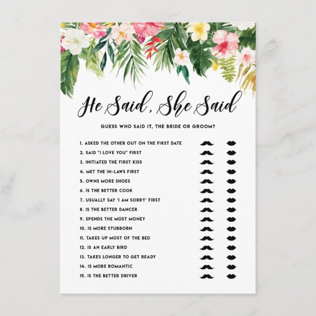 Tropical He Said She Said Bride or Groom Game Card (Front)