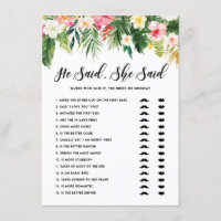 Tropical He Said She Said Bride or Groom Game Card