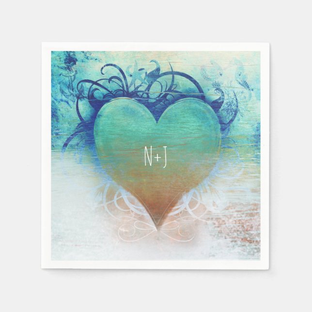 Tropical Heart Blue Grunge Beach Party Napkins (Front)