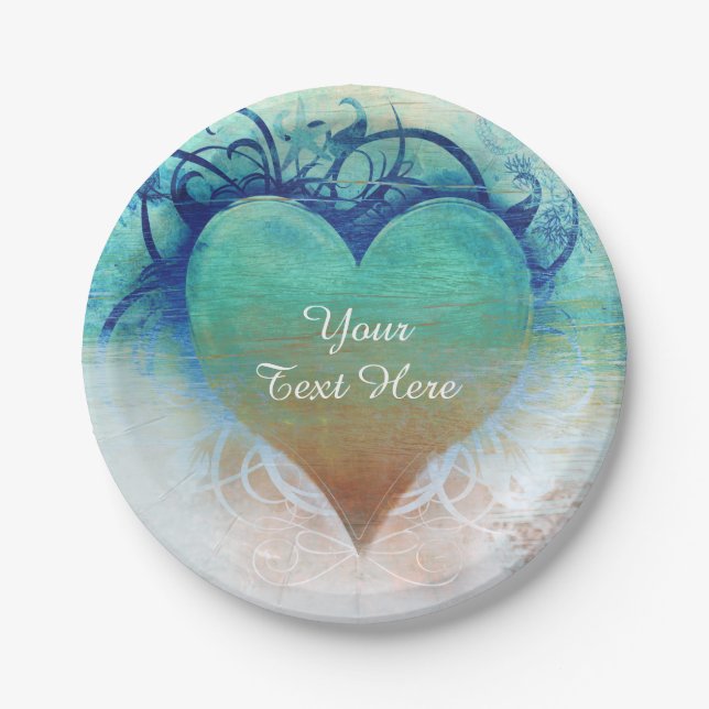 Tropical Heart Blue Grunge Beach Party Paper Plates (Front)