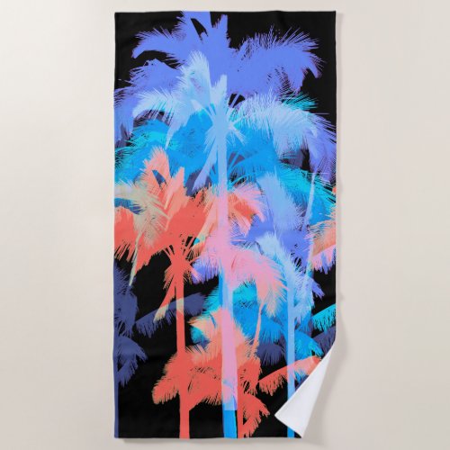 Tropical Heat Wave Neon Hawaiian Palm Trees _Black Beach Towel