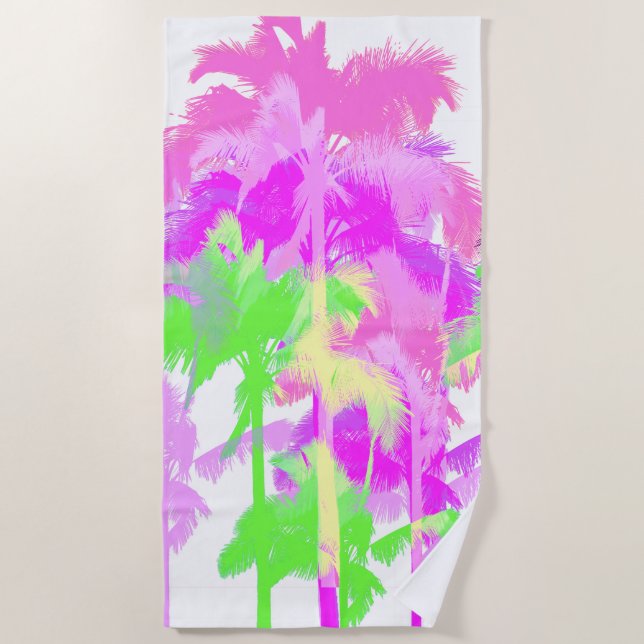 Tropical Heat Wave Neon Hawaiian Palm Trees -White Beach Towel (Front)