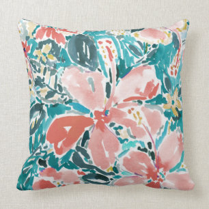 Tropical Hello Hibiscus Watercolor Floral Pattern Throw Pillow