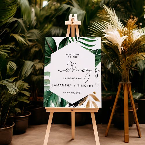 Tropical Hexagon Monstera Beach Wedding Welcome  Foam Board