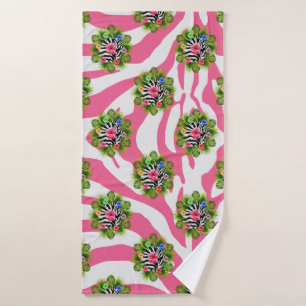 Tropical hibiscus and exotic pink zebra stripes bath towel