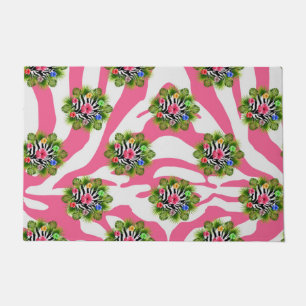 Tropical hibiscus and exotic pink zebra stripes doormat