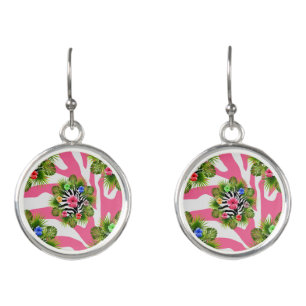 Tropical hibiscus and exotic pink zebra stripes earrings