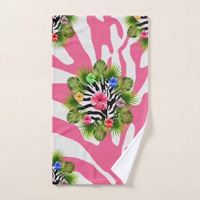 Tropical hibiscus and exotic pink zebra stripes hand towel  (Hand Towel)
