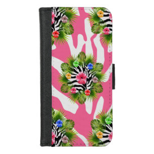 Tropical hibiscus and exotic pink zebra stripes iPhone 8/7 wallet case