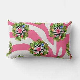 Tropical hibiscus and exotic pink zebra stripes lumbar pillow