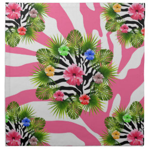 Tropical hibiscus and exotic pink zebra stripes napkin
