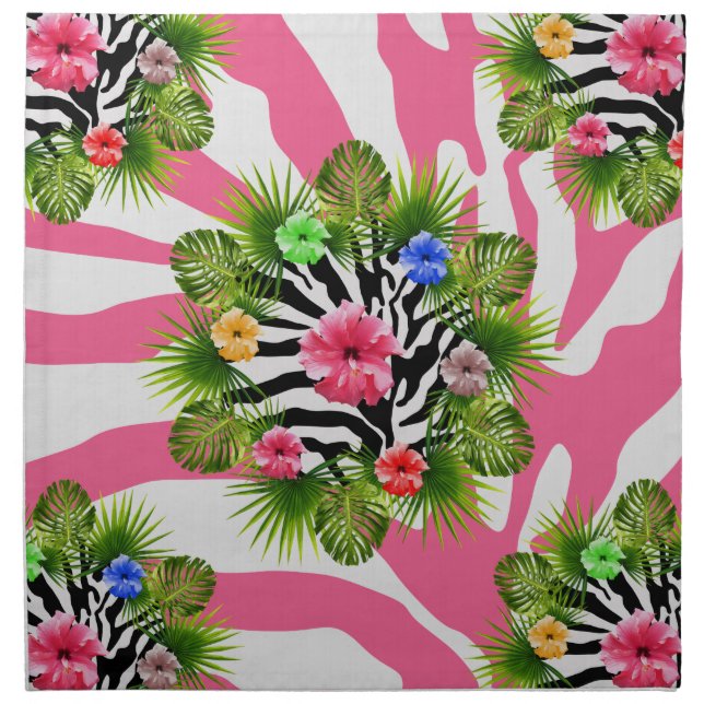 Tropical hibiscus and exotic pink zebra stripes napkin (Front)