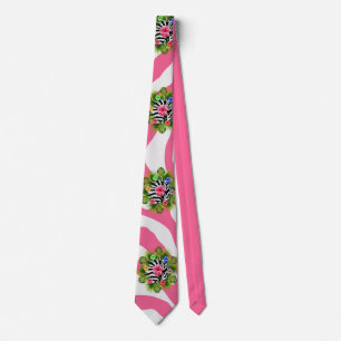 Tropical hibiscus and exotic pink zebra stripes neck tie