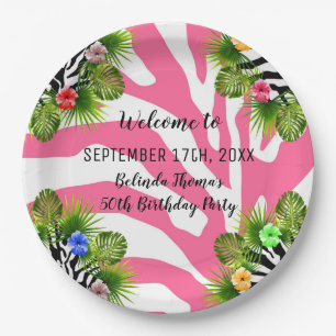 Tropical hibiscus and exotic pink zebra stripes paper plates