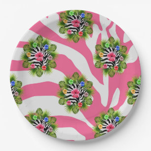 Tropical hibiscus and exotic pink zebra stripes paper plates