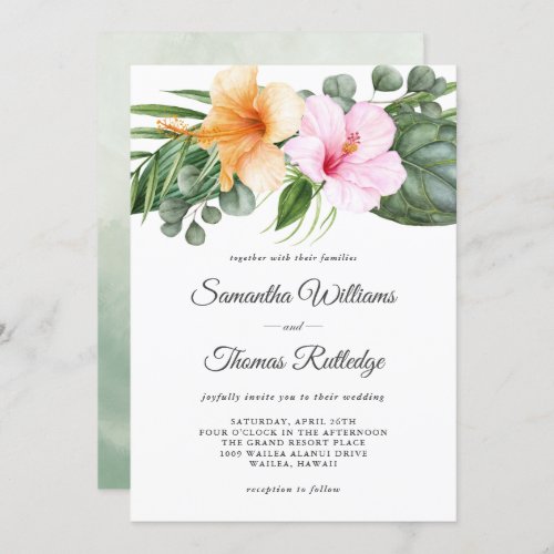 Tropical Hibiscus and Foliage Watercolor Floral Invitation