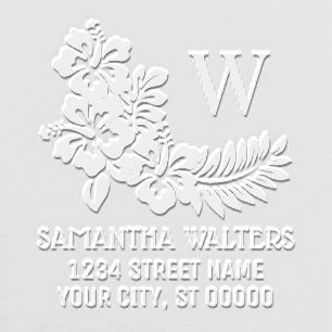 Tropical Hibiscus and Leaves Initial Name Address Embosser