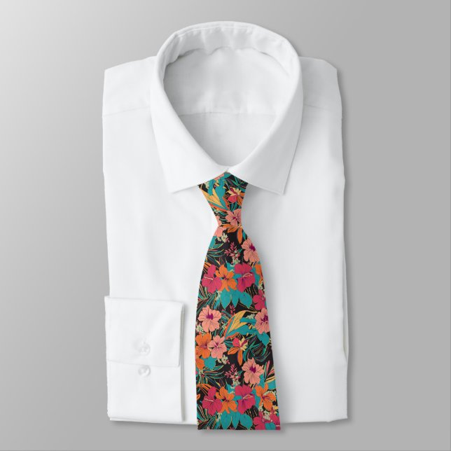 Tropical Hibiscus and Orchid Floral Pattern Neck Tie (Tied)