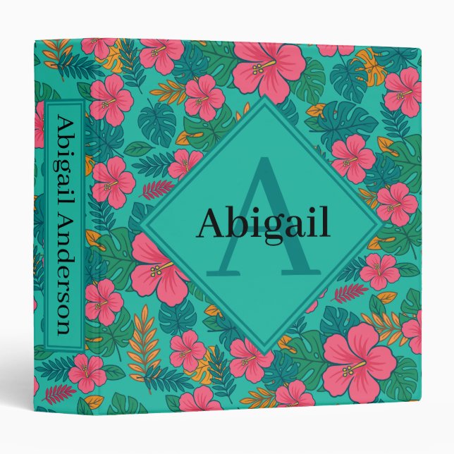 Tropical Hibiscus and Palm Leaf Pattern  3 Ring Binder (Front/Spine)