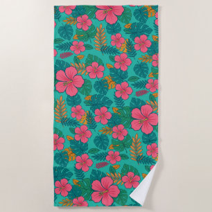 Tropical Hibiscus and Palm Leaf Pattern Beach Towel