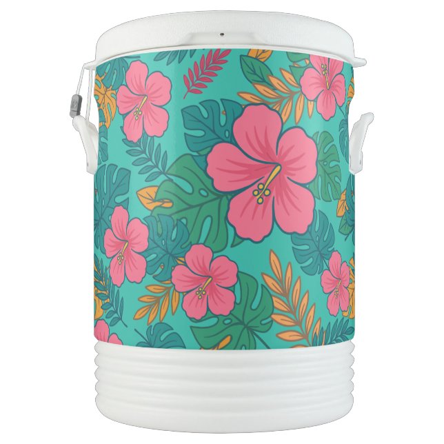 Tropical Hibiscus and Palm Leaf Pattern  Beverage Cooler (Back)