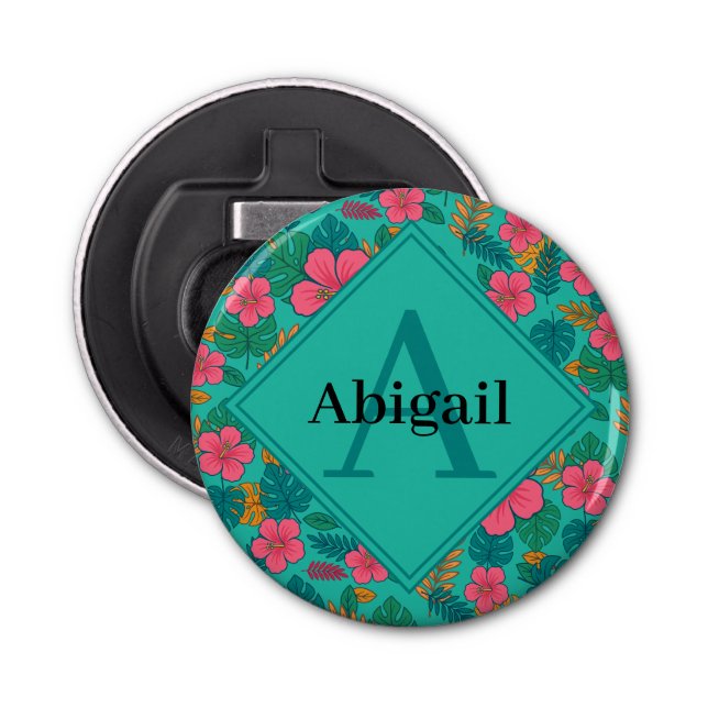 Tropical Hibiscus and Palm Leaf Pattern  Bottle Opener (Front)