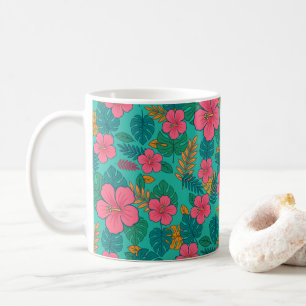 Tropical Hibiscus and Palm Leaf Pattern  Coffee Mug