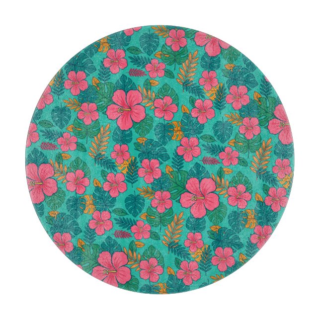 Tropical Hibiscus and Palm Leaf Pattern  Cutting Board (Front)