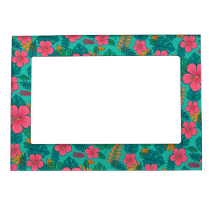 Tropical Hibiscus and Palm Leaf Pattern  Magnetic Frame