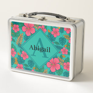 Tropical Hibiscus and Palm Leaf Pattern  Metal Lunch Box
