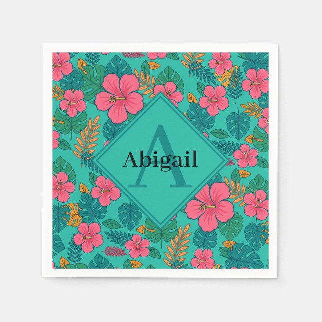 Tropical Hibiscus and Palm Leaf Pattern  Napkins (Front)