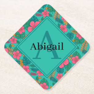 Tropical Hibiscus and Palm Leaf Pattern  Paper Coaster
