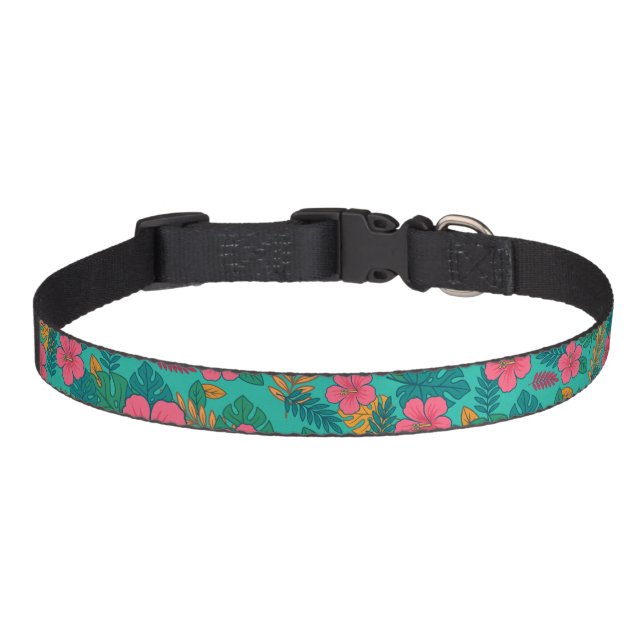 Tropical Hibiscus and Palm Leaf Pattern  Pet Collar (Front)