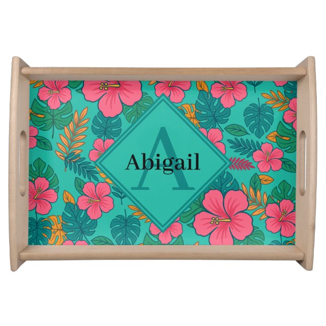 Tropical Hibiscus and Palm Leaf Pattern  Serving Tray (Front)