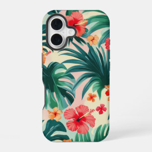Tropical Hibiscus and Palm Leaves Pattern  iPhone 16 Case