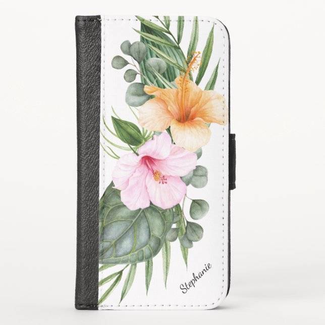 Tropical Hibiscus and Palms with Your Name iPhone Wallet Case (Front)