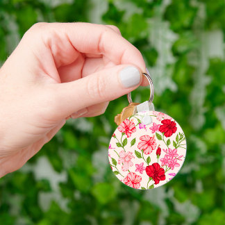 Tropical Hibiscus and Plumeria Floral Pattern Keychain
